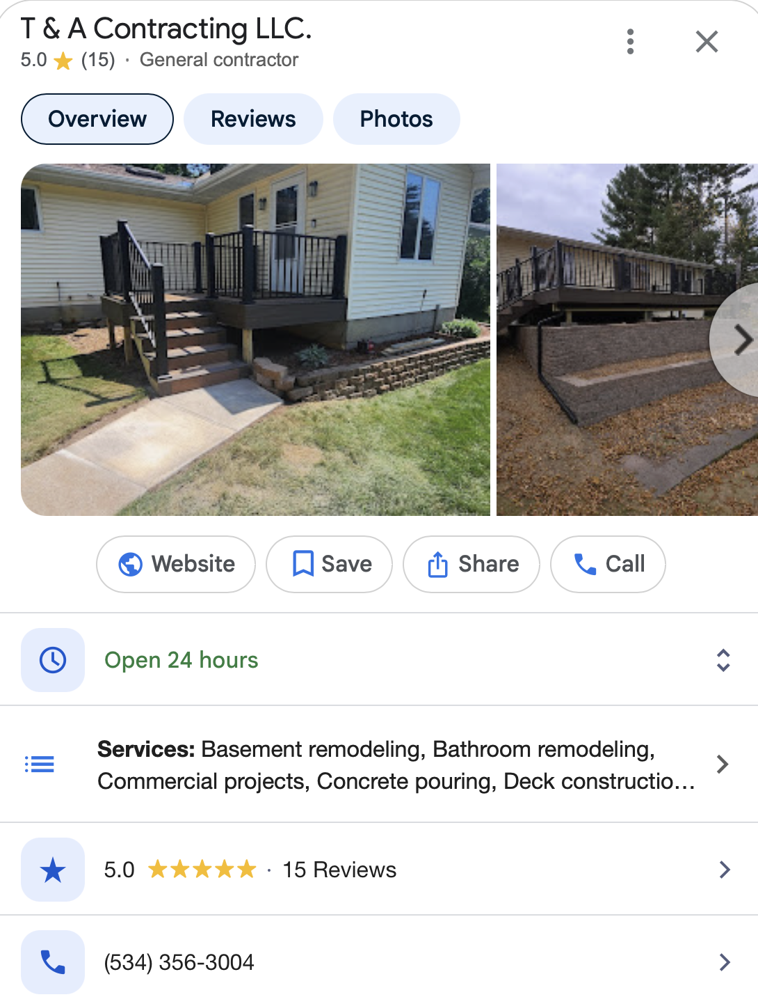Screenshot of T & A Contracting LLC.'s Google Business Profile showing a 5.0 star rating from 15 reviews, captured August 24, 2026