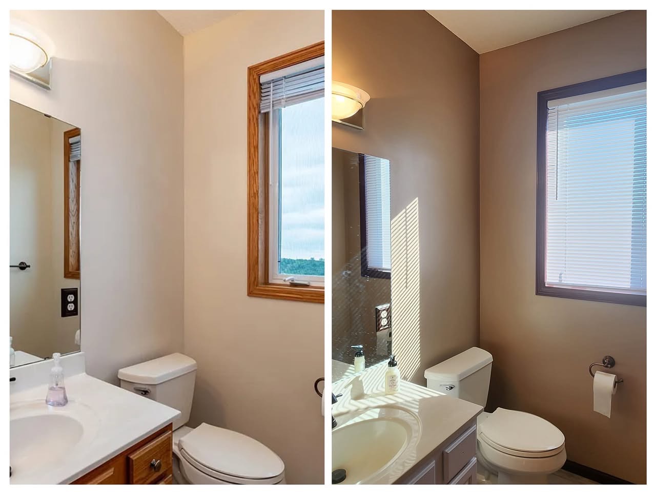 Before and after of a bathroom repainted in warm taupe by T & A Contracting