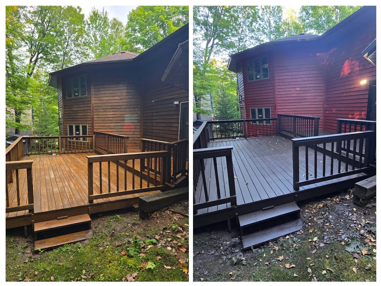 Before and after of a backyard wood deck restored and restained dark by T & A Contracting