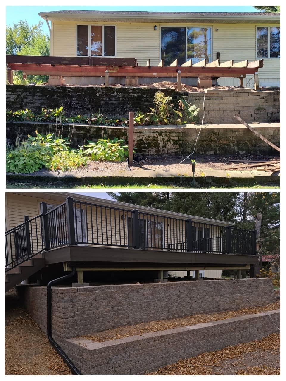 Before and after of a hillside deck rebuilt with black railings above a new block retaining wall by T & A Contracting