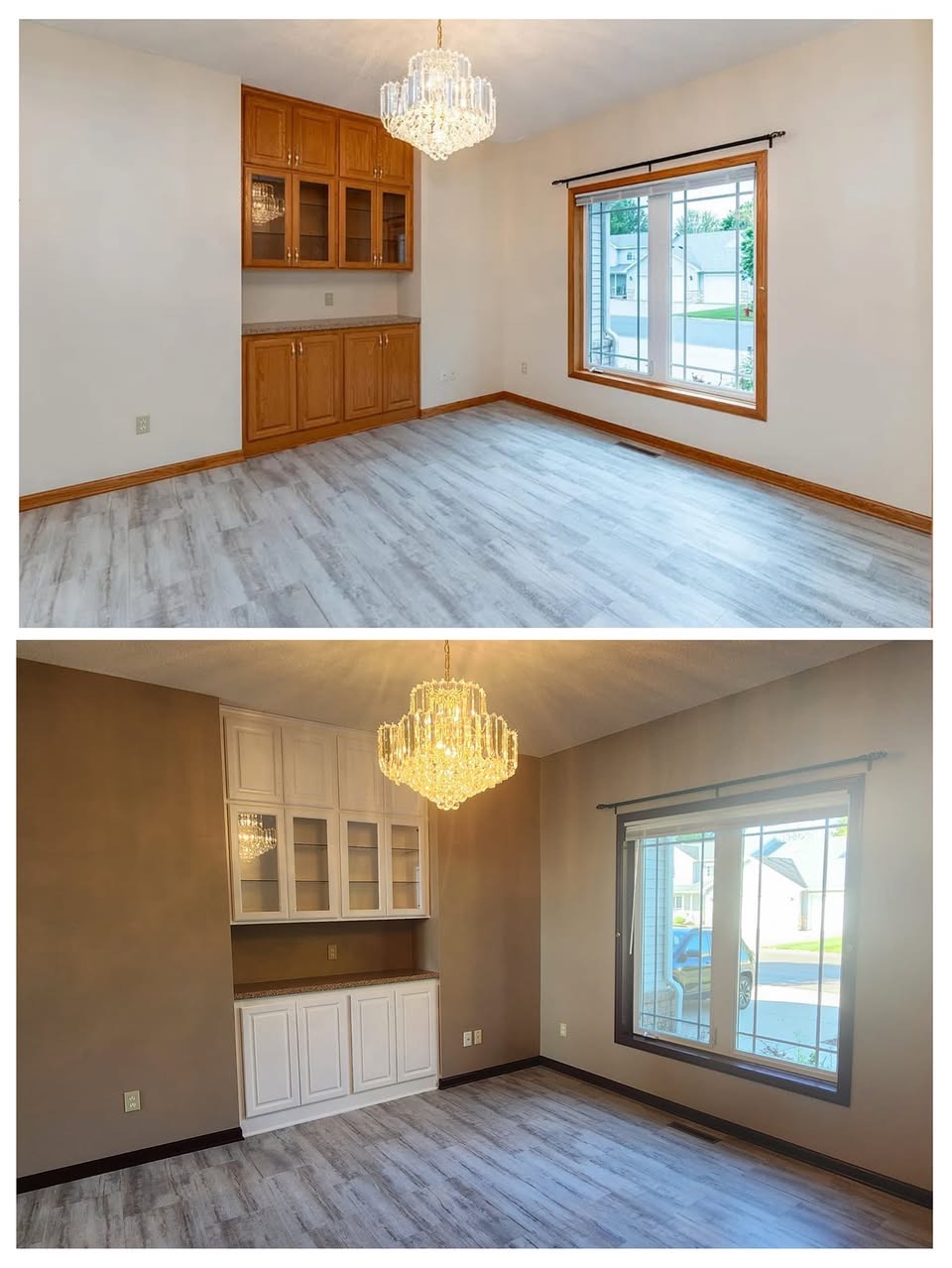 Before and after of a dining room repainted with warm walls and white built-ins by T & A Contracting