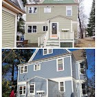 Before and after of a two-story home repainted from tan to blue-gray with white trim by T & A Contracting