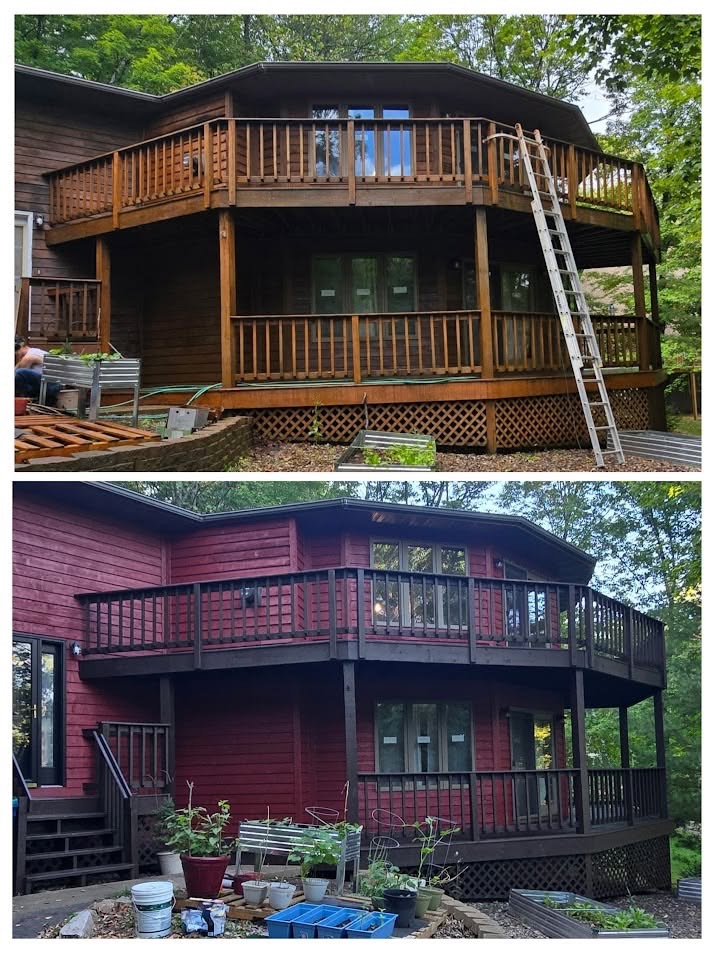 Before and after of a two-story wood-sided home restained a deep red with a dark deck by T & A Contracting