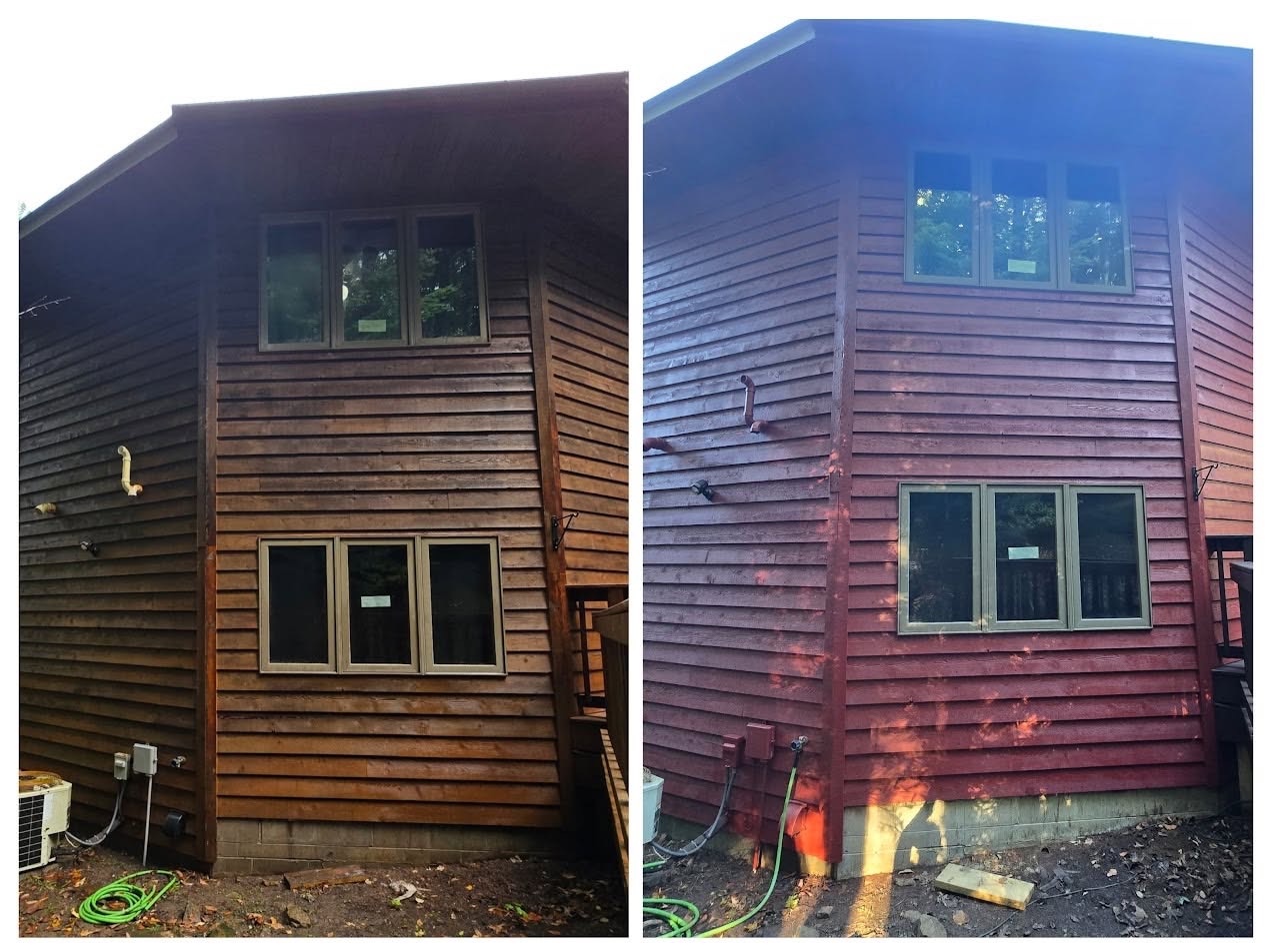 Before and after of wood lap siding restained to an even red finish by T & A Contracting