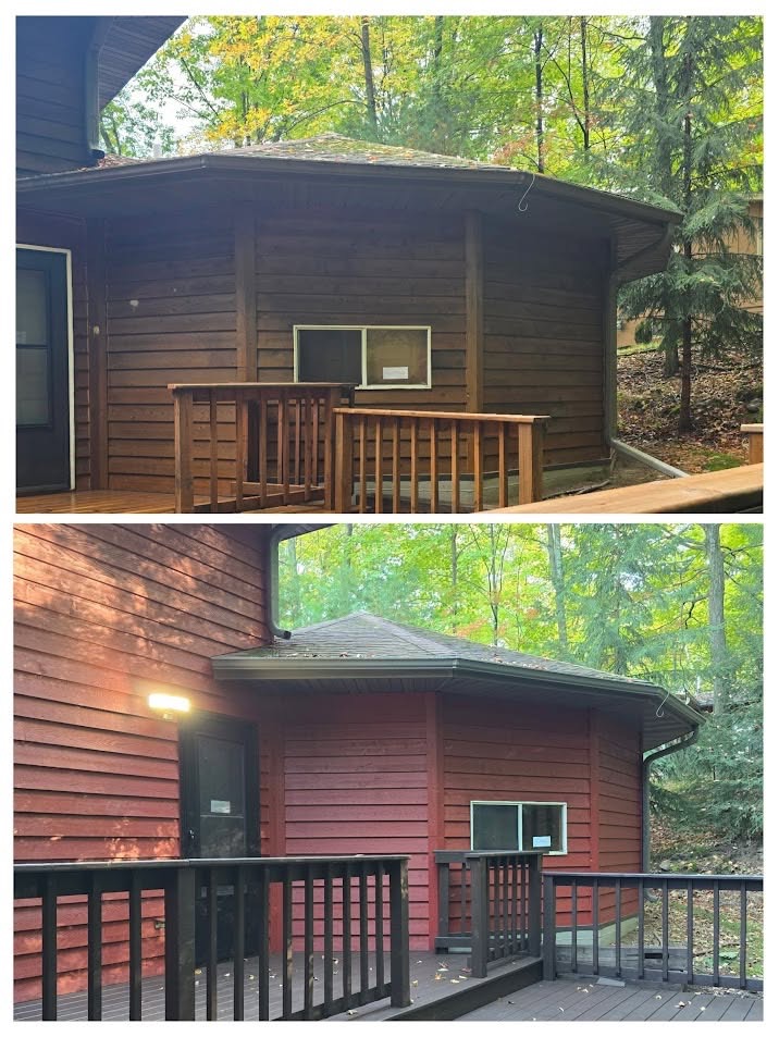 Before and after of a wooded cabin exterior restained deep red by T & A Contracting