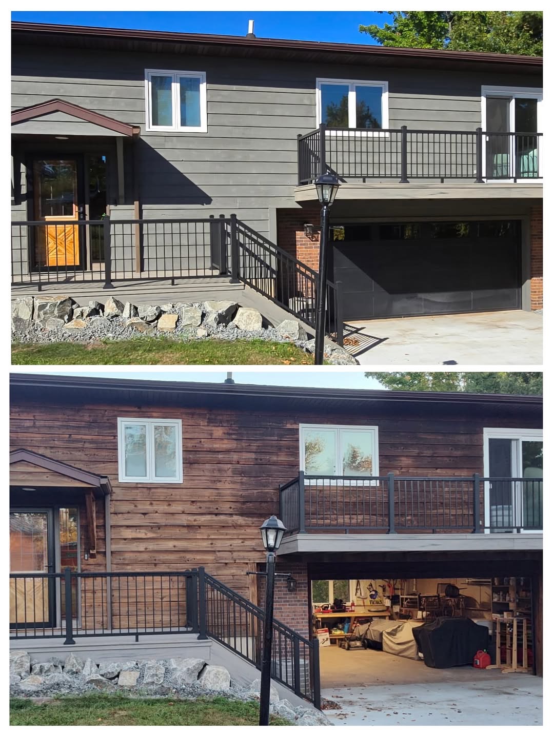 Before and after of a home exterior restained dark with a new deck and black railings by T & A Contracting