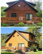 Log-sided cabin with warm stain and a re-stained wraparound deck by T & A Contracting