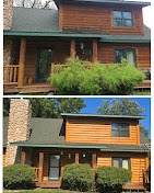 Log cabin restained warm with a new green metal roof by T & A Contracting