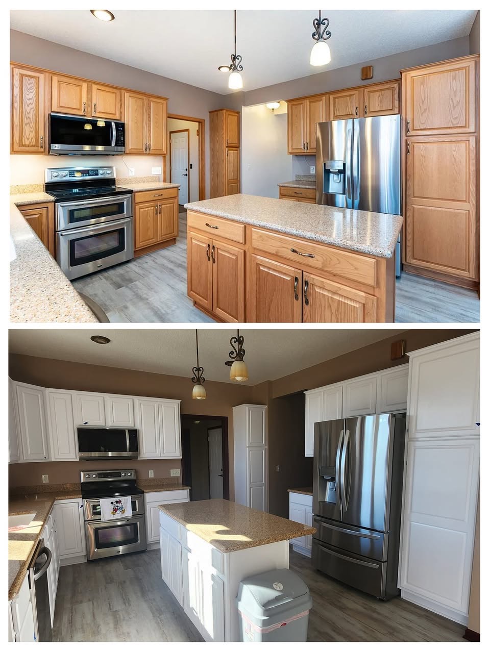Before and after of kitchen cabinets refinished from oak to white by T & A Contracting