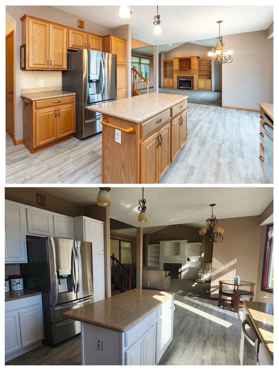 Before and after of an open-concept kitchen and living area refreshed with white cabinets by T & A Contracting