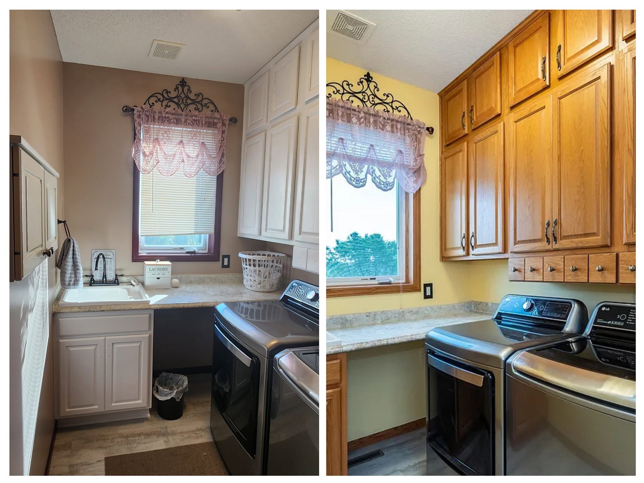 Before and after of a laundry room with refinished cabinetry and warm walls by T & A Contracting