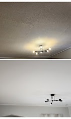 Before and after of a textured popcorn ceiling resurfaced to a smooth finish by T & A Contracting