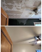 Before and after of a damaged ceiling repaired and refinished smooth with a new ceiling fan by T & A Contracting