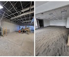 Before and after of an open warehouse shell finished into a carpeted commercial interior by T & A Contracting
