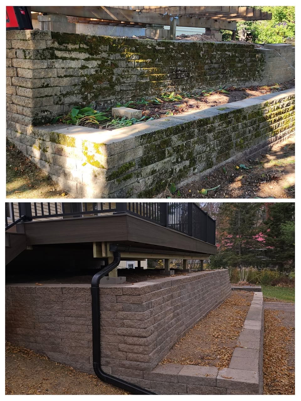 Before and after of a retaining wall rebuilt with new segmental block beneath a raised deck by T & A Contracting