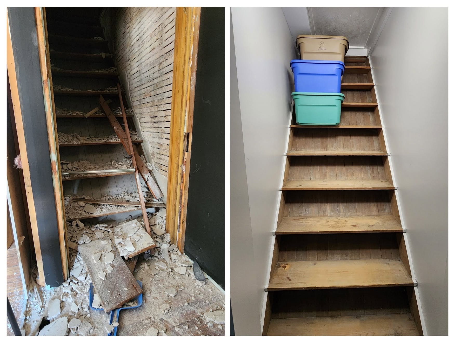 Before and after of an interior staircase rebuilt from demolition into finished wood stairs by T & A Contracting